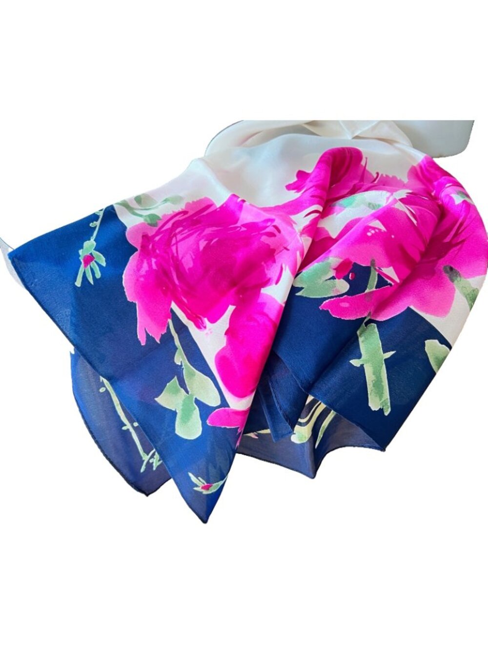 VTG Vera Neumann Pink Roses Blue Floral 28" Square Scarf Silk Japan Hand Rolled